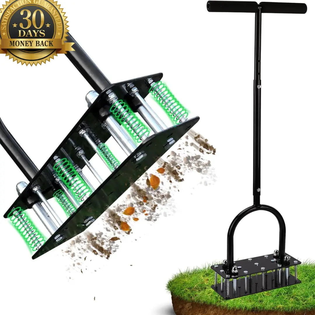Promens Profi-Belüfter mit automatischem Reinigungsdesign für Schmutz und Ablagerungen, robuster manueller Rasenbelüfter mit 15 Eisen-Spikes, höhenverstellbar für mühelose Rasenpflege